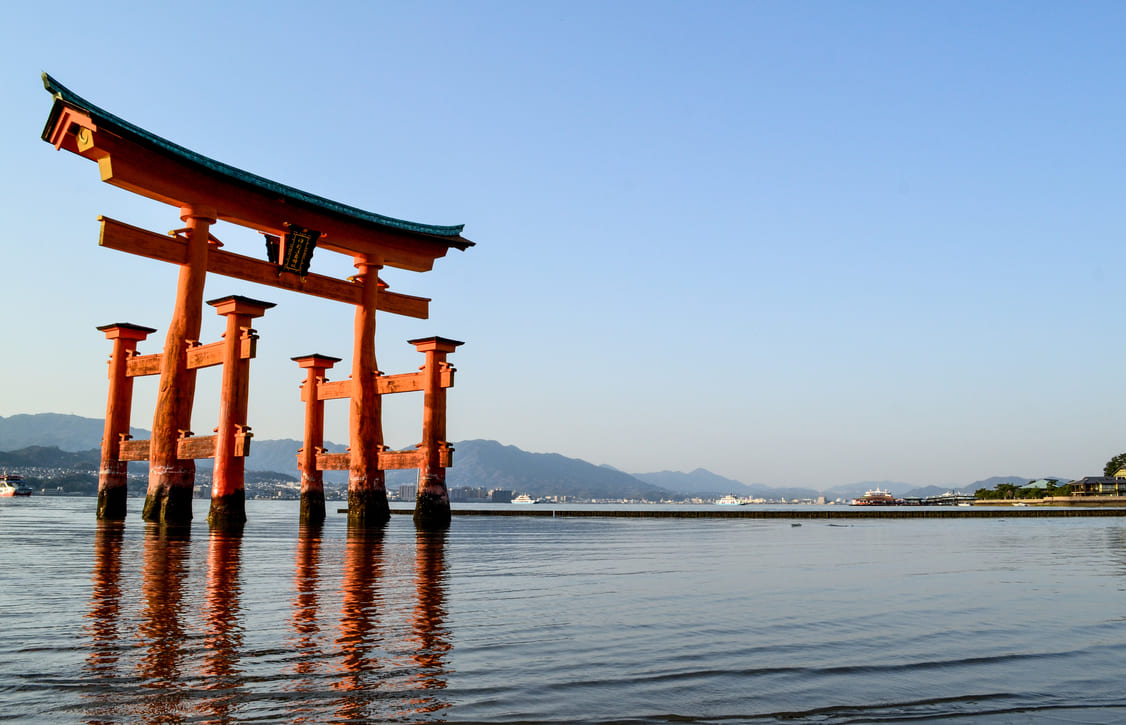 the famous red floating torii gate at Itsukushima Shrine on Miyajima Island