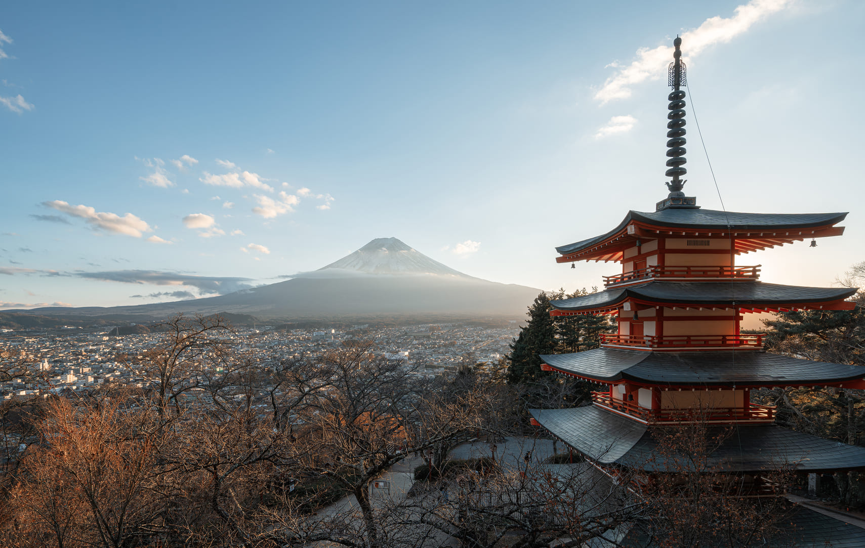 Mount Fuji framed by pink cherry blossoms in spring